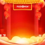New Year banner with red temple gate lantern năm mới lòng đèn cổng chùa màu đỏ