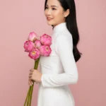 Girl in white ao dai holding lotus flower Cô gái mặc áo dài trắng ôm hoa sen