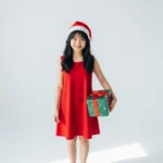 Vietnamese girl carrying gift box in red Christmas shirt Cô gái việt nam mang hộp quà áo đỏ giáng sinh