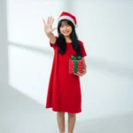 Vietnamese girl carrying gift box in red Christmas shirt Cô gái việt nam mang hộp quà áo đỏ giáng sinh