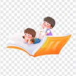 Png two kids riding books transparent background hai đứa trẻ cưỡi sách nền trong suốt