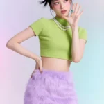 Banana green short shirt purple skirt model áo ngắn xanh lá chuối váy tím