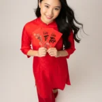 Model of a girl wearing a red ao dai holding a lucky money bag tết cô gái mặc áo dài đỏ cầm bao lì xì