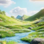 Background image blue clouds green grass stream Ảnh nền mây xanh bãi cỏ xanh dòng suối