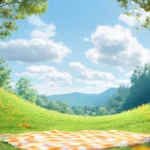 Blue clouds green grass and picnic towel background image Ảnh nền mây xanh bãi cỏ xanh và khăn picnic